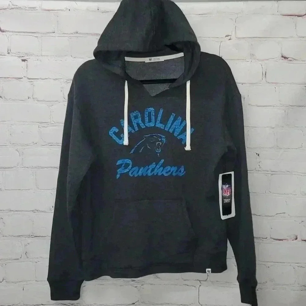 Carolina Panthers NFL by 47 VNeck Flint Black Pullover Hoodie Women's Size M NWT